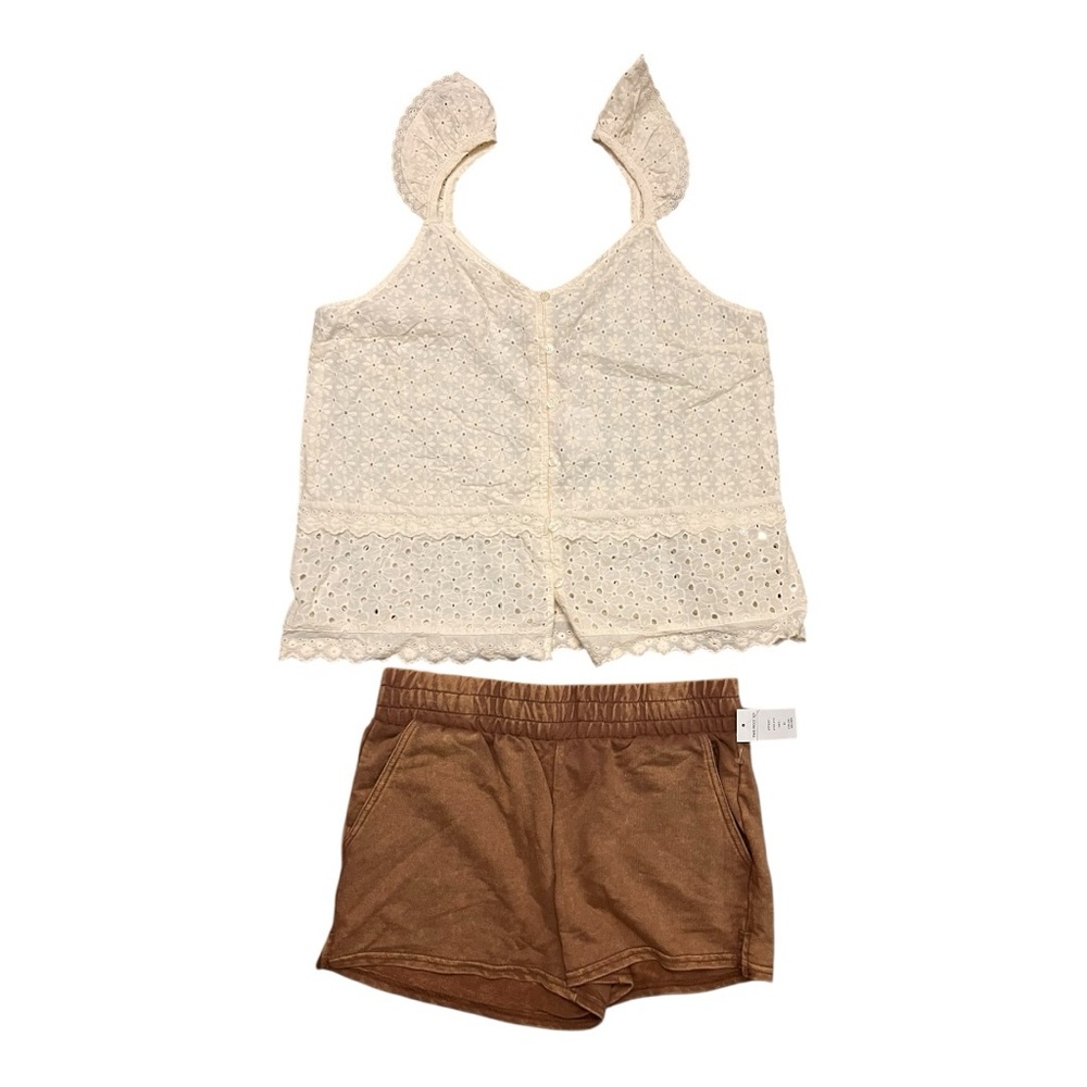 Cream Eyelet Top and Brown Shorts Set